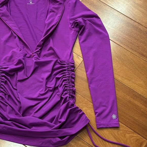 ATHLETA Fuchsia Ruched Half Zip Long Sleeves Rash Guard Swimsuit Top Size XS - Picture 3 of 9